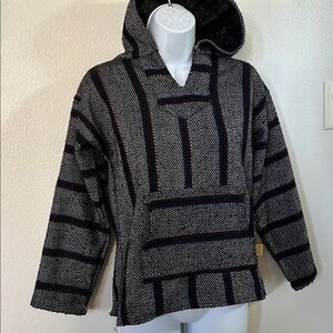 Black & Gray Hooded Baja Pullover with blue and maroon detail. Mexican Poncho.